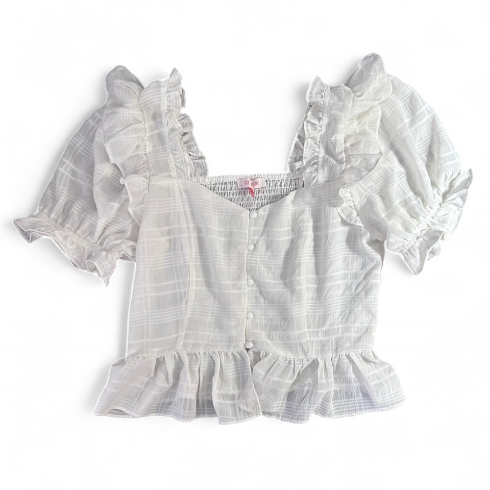 Mele e Pere Ivory White Button up Peasant Ruffled Top